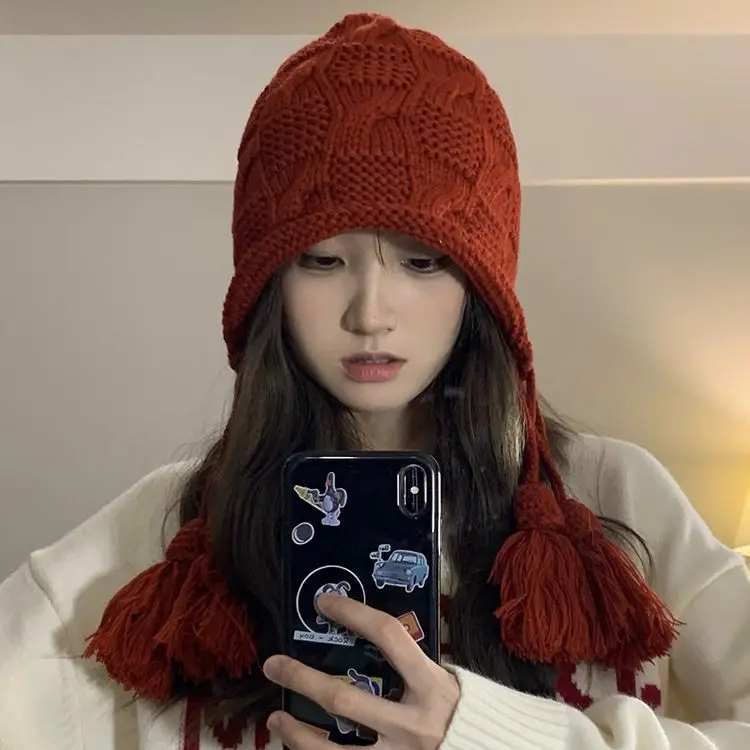

Winter Tassel Pendant Knitted Hat Face Looks Small Cute Beanie Outdoor Windproof Warm Protection Ear Hats for Woman Winter Hats