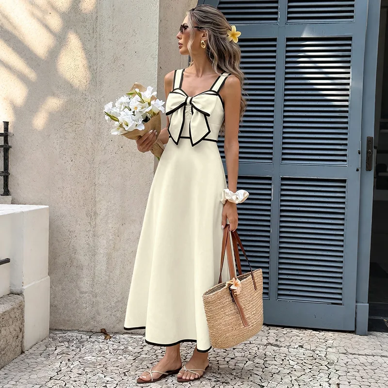 2026 Women's Summer Dress French Bow Maxi Dresses Female Casual Color Blocking Bowknot Beach Sundress Elegant Ladies Beige Skirt