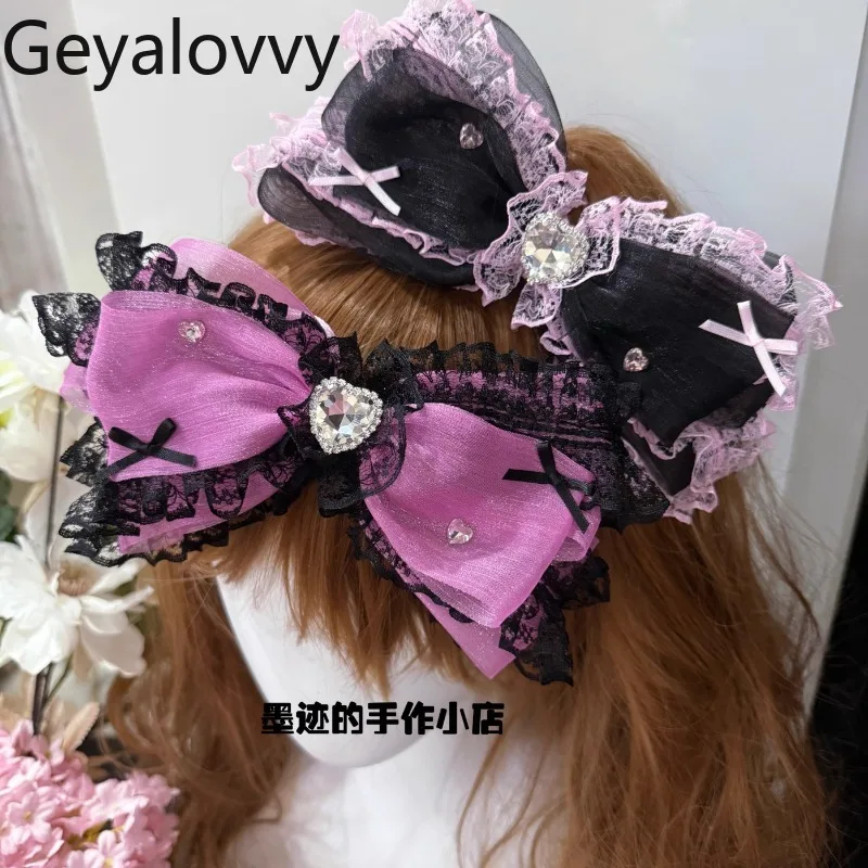 

Japanese Black Pink Color Matching Heavy Industry Lace Bow Hair Accessories Sweet and Cute Girl Versatile Diamond Hairpin