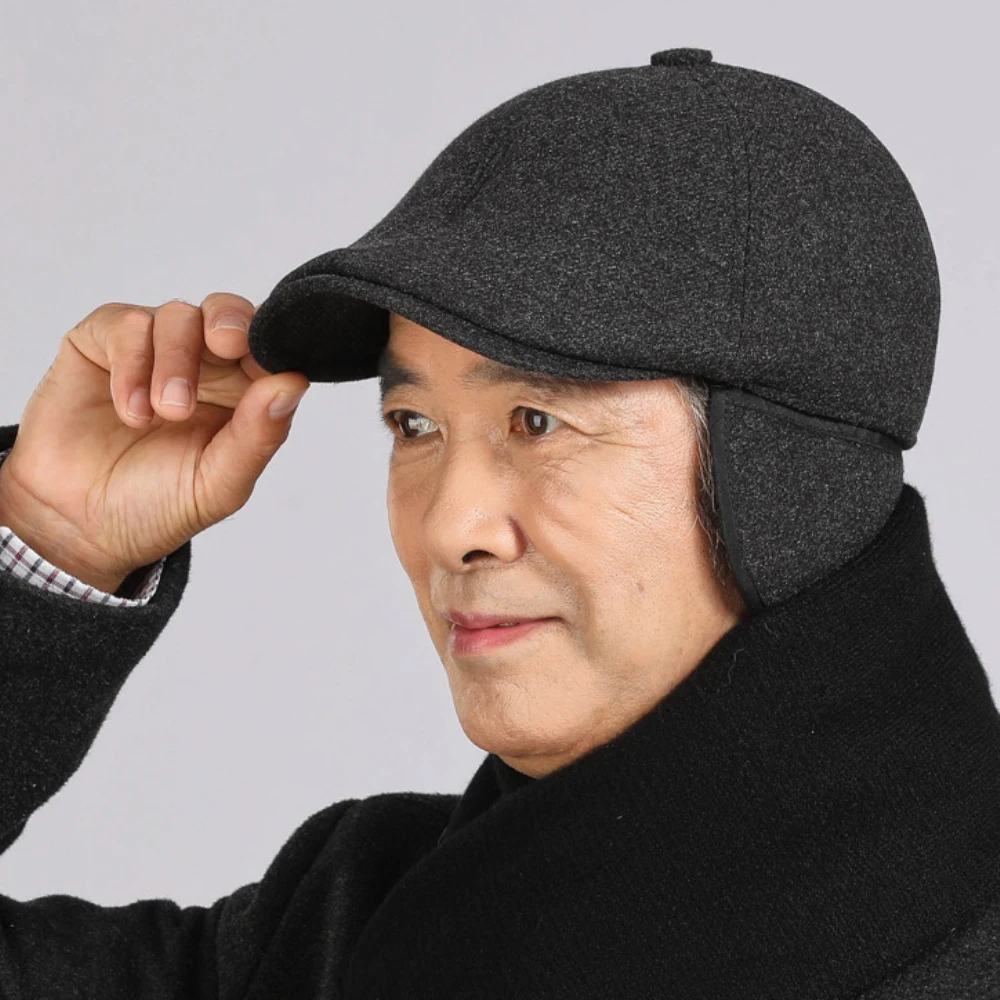

HT4921 Beret Caps Thick Warm Autumn Winter Wool Hats for Men Dad Black Grey Ski Earflap Cap Male Grandfather Octagonal Flat Caps