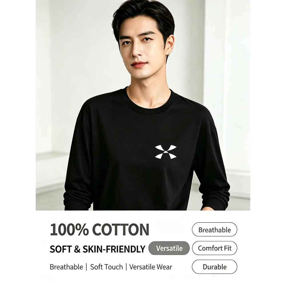100% Cotton Long Sleeve T-Shirt Men Solid Basic Crew Neck Soft Casual Top view 5