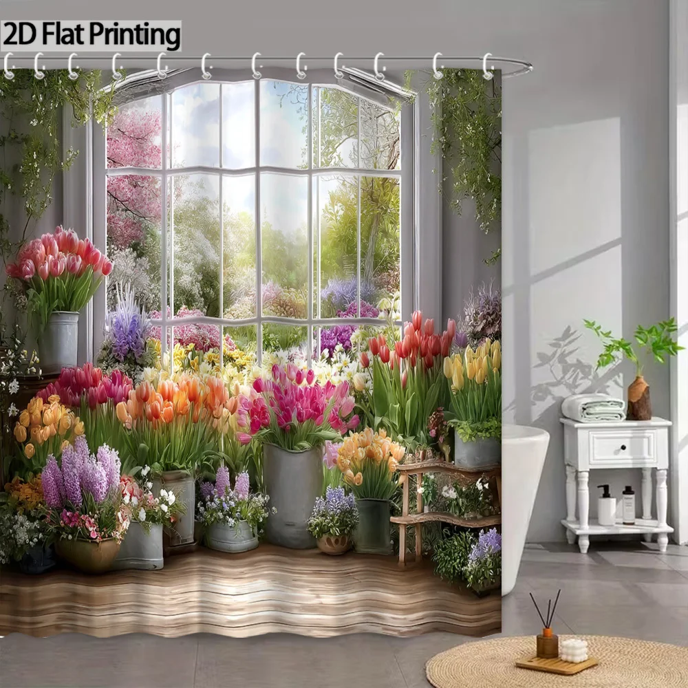 2D Flat, 2D Flat, 1pc a 2D Flat Floral Shower Curtain Featuring Vibrant Tulips And Lavender, Designed with a Spring Garden Theme