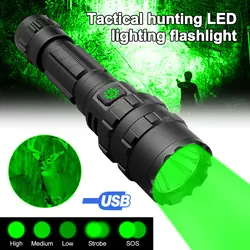 1800LM Tactical L2 LED Hunting Flashlight White/Green/Red Light USB Charging Lamp 5 Modes Torch Power by 18650 Battery