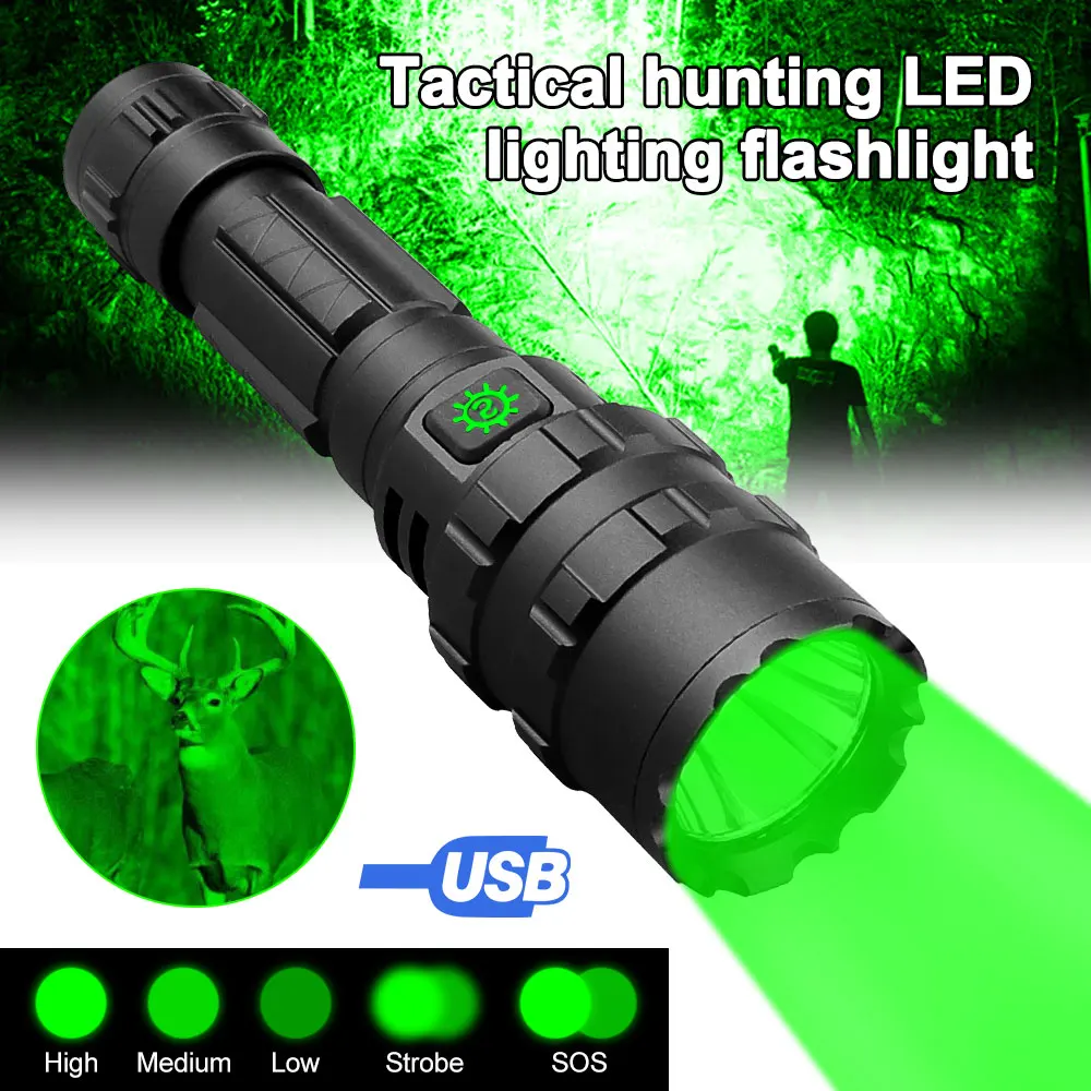 1800LM Tactical L2 LED Hunting Flashlight White/Green/Red Light USB Charging Lamp 5 Modes Torch Power by 18650 Battery