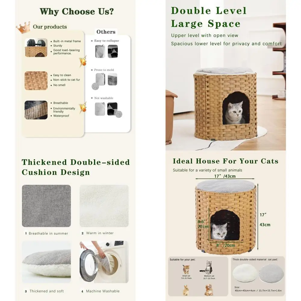 

Large Double Cat House Bed Cave, Handwoven Rattan Pet Beds with Removable Pad, 17 x 17 x 17, Natural Indoor Kitty Hideaway