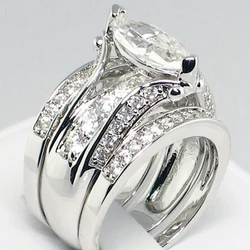 Huitan Silver Color 3Pcs Set Women Rings with Marquise Cubic Zirconia Luxury Trendy Engagement Wedding Party Female Jewelry New
