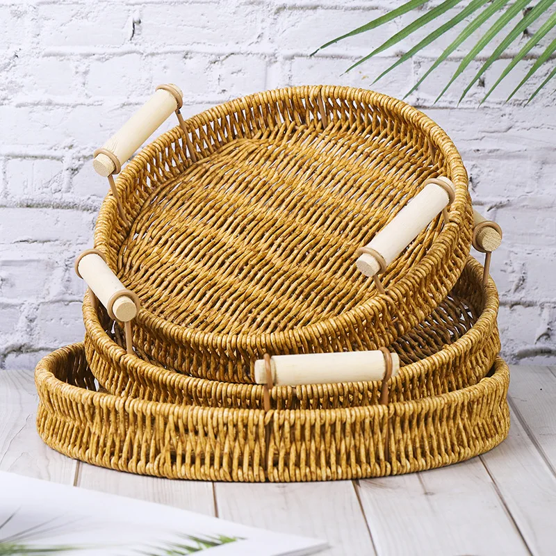 

Imitation Rattan Woven Tray Round Binaural Fruit Basket Weaving Breakfast Basket Afternoon Snack Tray Mantou Basket