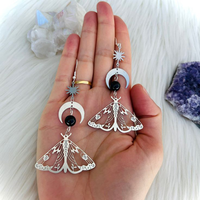 2pc Fashion Moth Moon Sun Simple Copper Natural Stone Silver Color Earring Pendant Woman Party