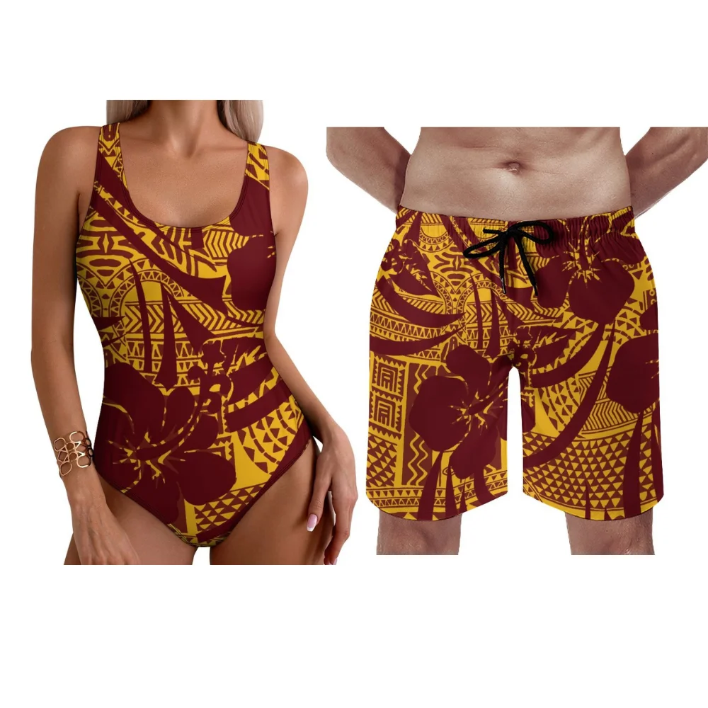 Customizable Polynesian Women One Piece Men Boardshort Palm Leaf Print Tropical 2025 Beachwear Surf Set Yearround
