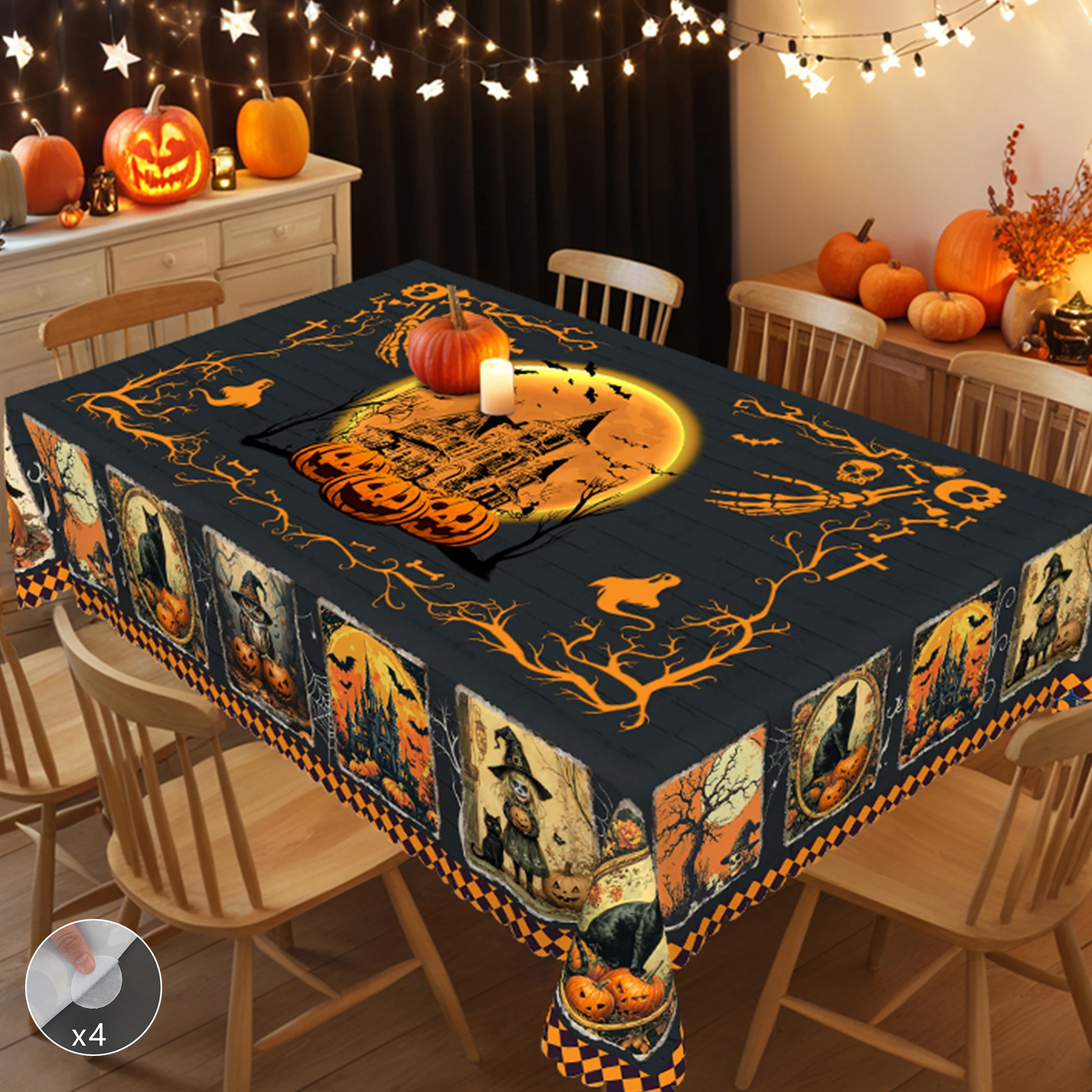 1 Halloween Themed Tablecloth, Black Cat, Pumpkin, Ghost, Castle Pattern Design, Suitable for Gathering during Holidays, Camping Picnic, Kitchen Accessories, Tablecloth for Restaurant Terrace, Indoor and Outdoor Use, Perfect Gift for Friends, Multiple Sizes Available