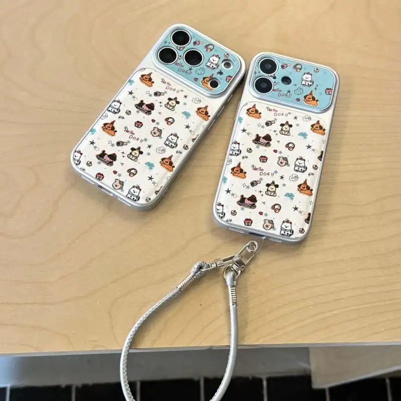 

Kawaii Cartoon Dog Leather Phone Case For iPhone 14 Pro Max 15 16 17 Pro Protective Cover with Hand Strap Protective Cases Cover