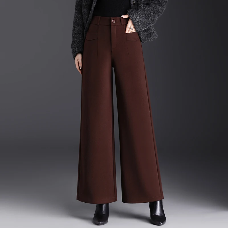 

Thiened High Waist Dra Woolen Wide Leg Pants Autumn Winter Loose Meat Concealing Slimming Drapey Straight Leg Casual Pants
