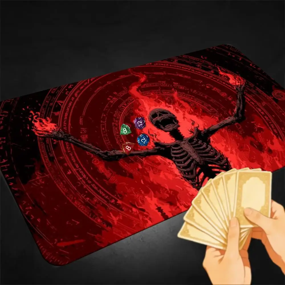 Burning Skeleton Necromancer TCG Playmat Red Magic Summoning Circle Occult Dark Ritual Art Non‑Slip Desk Mat for Card Game