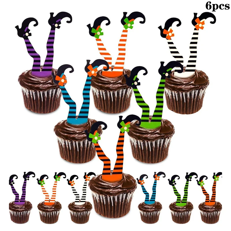 6pcs Halloween Witch Feet Cake Toppers Stripe Witches Legs Cupcake Topper DIY Mens Gift Party Decoration Halloween Props