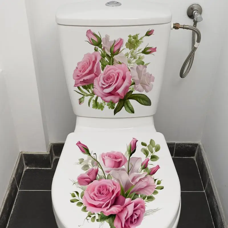 Pink Rose Toilet Sticker Waterproof Self Adhesive Bathroom Cover for Toilet Seat Removable Home Decor