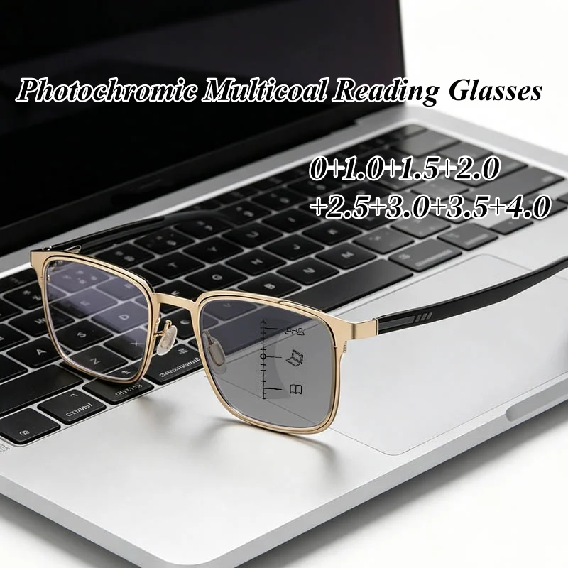 Herren Eckige Photochrome Multifokalbrille TR-Gestell Anti-Blaulicht Lesebrille Damen Business Trendy Alterssichtigkeit 0+1,0+4,0