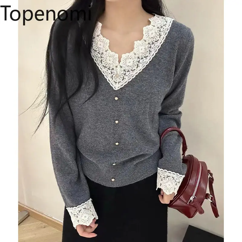 Topenomi เสื้อกันหนาวผู้หญิง Lace Patchwork V คอยาวแขนยาวฤดูใบไม้ร่วงฤดูหนาวขี้เกียจแฟชั่นอเนกประสงค์ถัก Sueter Mujer