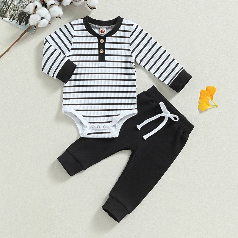 Casual Baby Boy 2Pcs Fall Outfits Long Sleeve Knitted Striped Print Romper Pants Set Infant Warm Clothes Baby\'s Sets