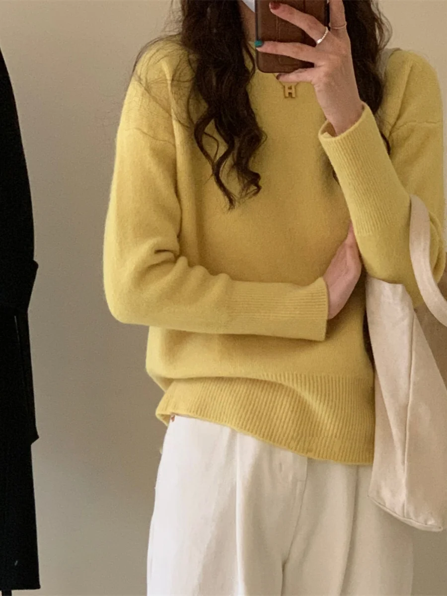 

Eggs Yellow Basic Sle круглый свитер Ne Универсальный Ele Personali Long Sve Трикотажная шерстяная одежда для поездок на работу