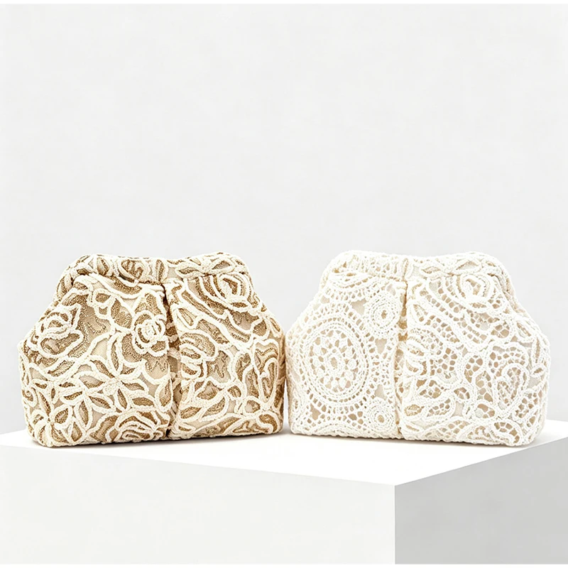 Clutch-Tasche mit floraler Spitze und Häkelverschluss, elegante Abendtasche für Damen für Hochzeit, Bankett und Party, schicke Kosmetiktasche. – Detail 10