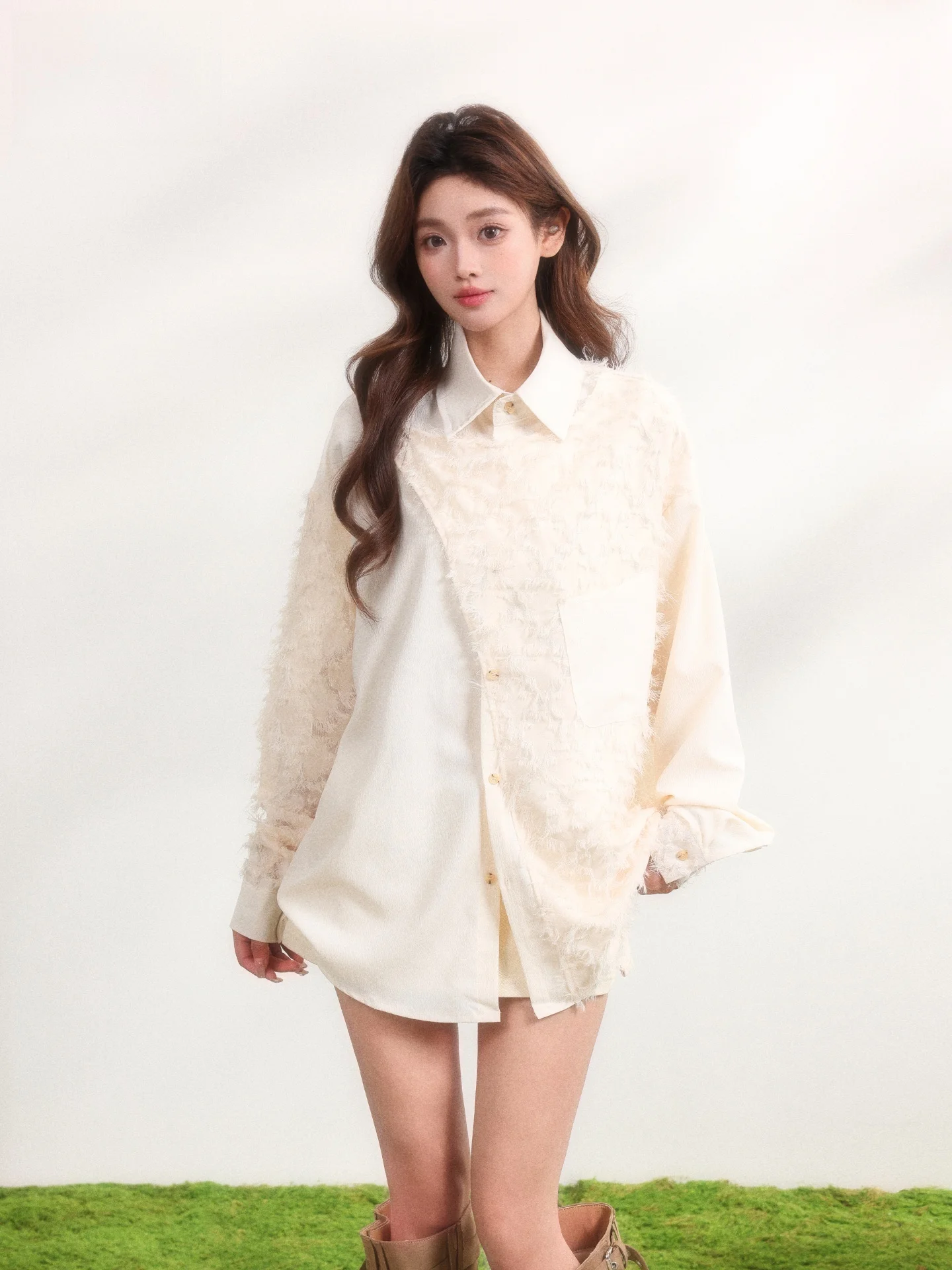 

Loose Casual Collar Long Sleeve Shirt Women's Korean College Style Beige Summer Top Comfortable Design Sense Upperwear