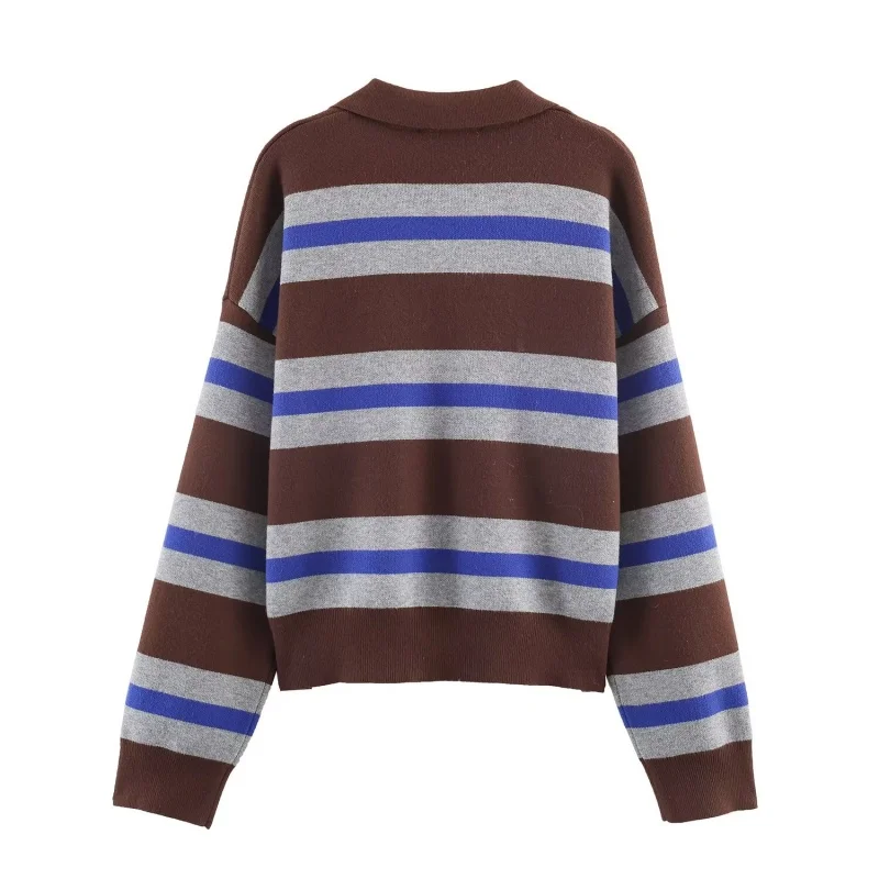 Autumn Winter Polo Collar Long Sleeve Striped Knitted Tops Women Loose Pullover Sweater Female Casual Chic Wear 2025 New