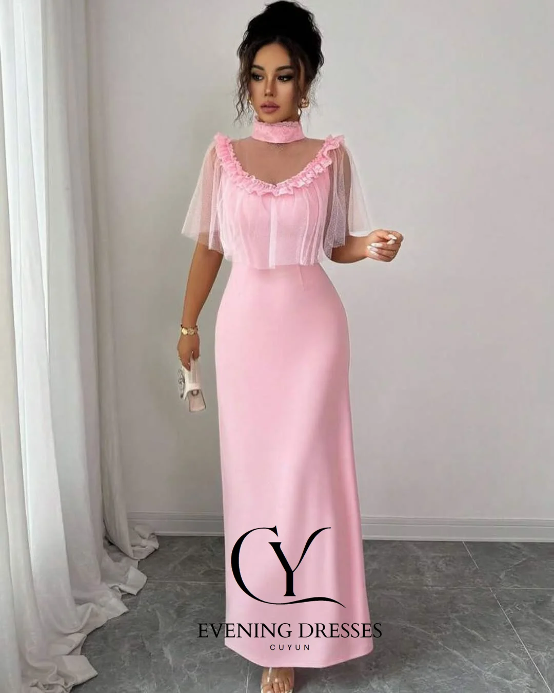 فساتين سهرة شبه مكشكشة ذات ياقة عالية من CUYUN بطول الكاحل فستان أنيق للحفلات مخصص للحفلات العشاء