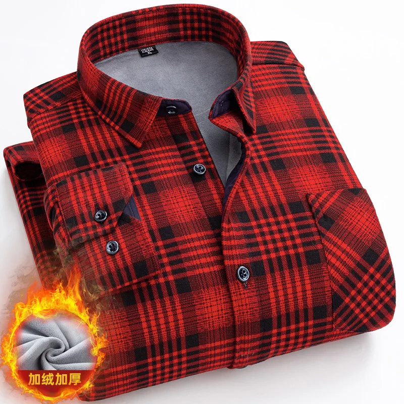 New Autumn Winter Plaid Warm Fleece Lined Thickened Men's Shirt Large Size Men's Fleece Lined Shirt Clothing for Cold Protection