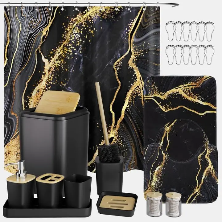 

Black and Gold Waterproof Bathroom Set with Shower Curtain, Rugs, and Accessories
