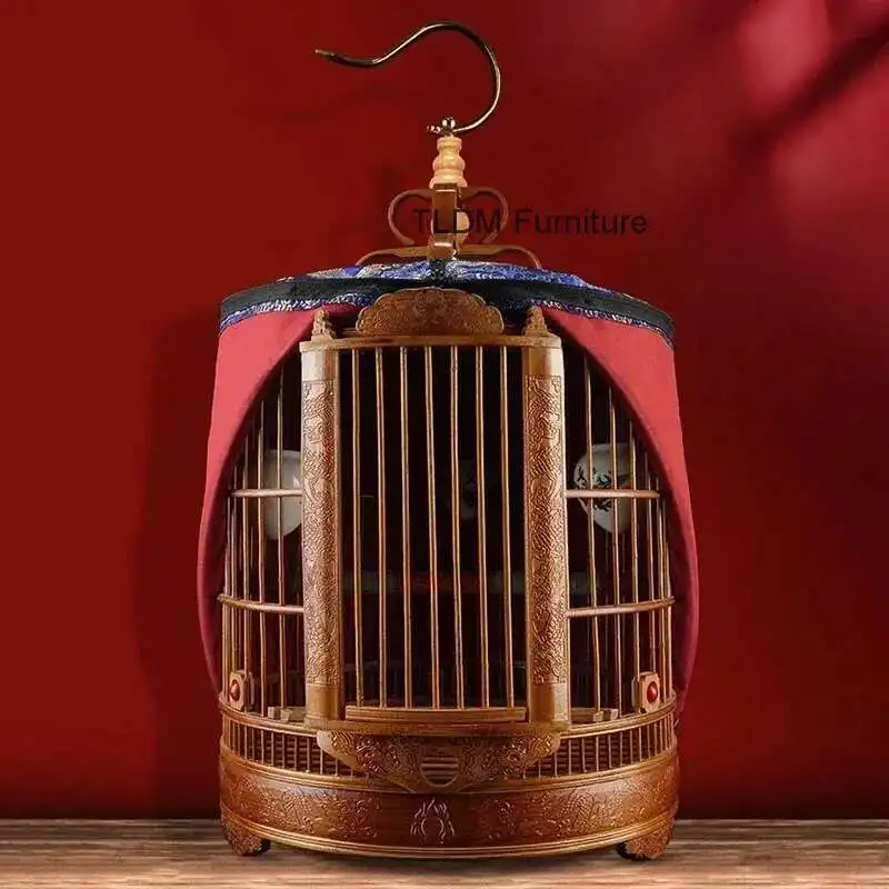 

Round Portable Parrot Pet House for Chinese Bird Accessories Luxury Carved Bird Cages Household Retro Large Bamboo Bird Cage GL
