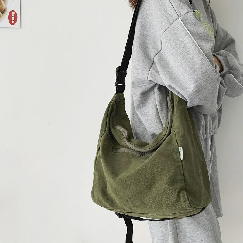 

Big Capacity Female Canvas Textile Hobo Slouchy Shoulder Bag 2024 Student Aesthetic Y2K Grunge School Book Laptop Side Pouch Bag