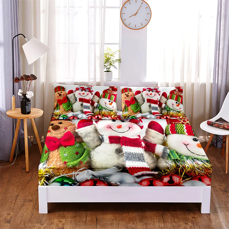 Christmas Snowman Fitted Sheet Four Corners with Elastic Band Sheets Bed Cover Set Santa Claus Bed Set Sheets Queen Bedding Set