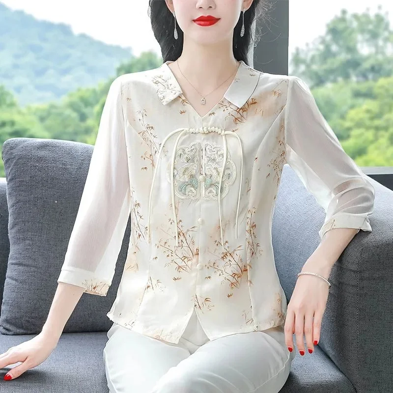 2025 ใหม่สไตล์จีนปักเสื้อผู้หญิงฤดูร้อนชุดใหม่แม่ชีฟอง TOP