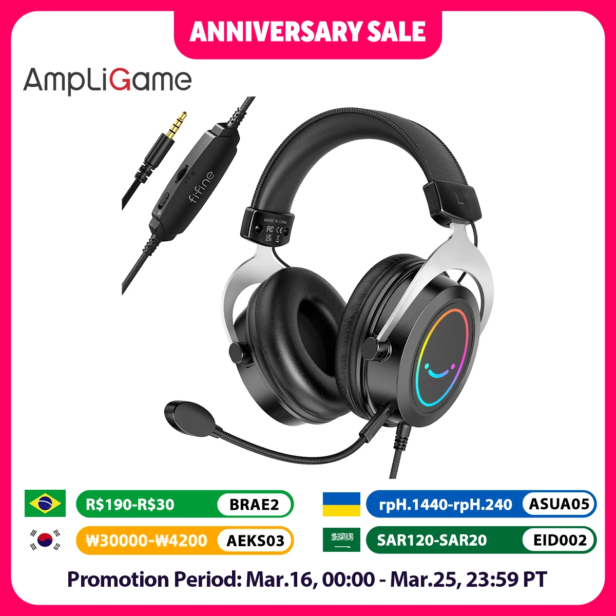 Fifine Gaming RGB Headset mit Line Control/abnehmbarem Mikrofon, 3,5mm Over-Ear-Kopfhörer für PC,PS4/5,Switch,Xbox,Mobile-Ampligame H3