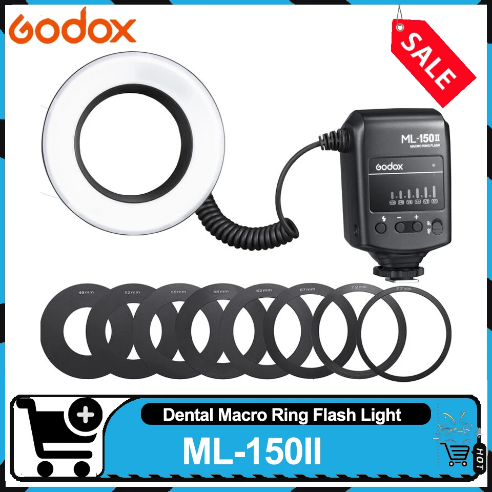 

Кольцевая макро-вспышка Godox ML150II, 5800K, время перезарядки 0.1-0.2 с, длительность вспышки 1/200-1/5000 с, совместима с камерами DSLR с креплением Hot Shoe