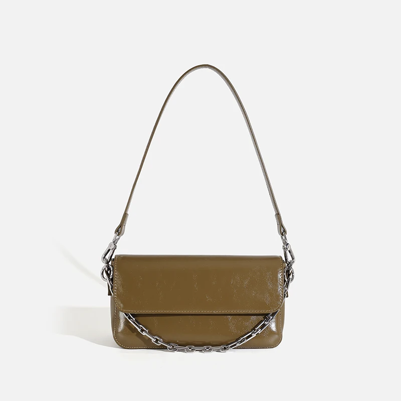 Women Olive Green Patent Leather Crossbody Bag Flap Shoulder Bag with Chain Detail Silver Hardware Fashion