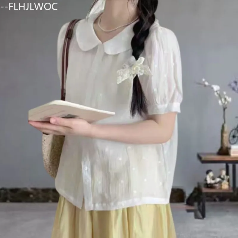 

Хлопковые топы с пышными рукавами и вышивкой, блузка в стиле кантри, Япония, милый винтажный топ с воротником Питера Пэна в стиле ретро, тонкие прозрачные рубашки