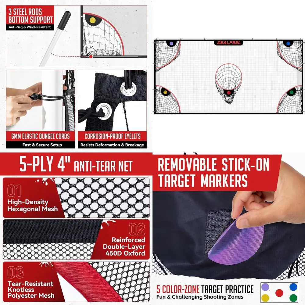 

Портативные футбольные ворота, 12x6 футов, с 5 зонами для забивания мячей, прочная сетка, 3 стальные стойки, съемные маркеры для тренировок