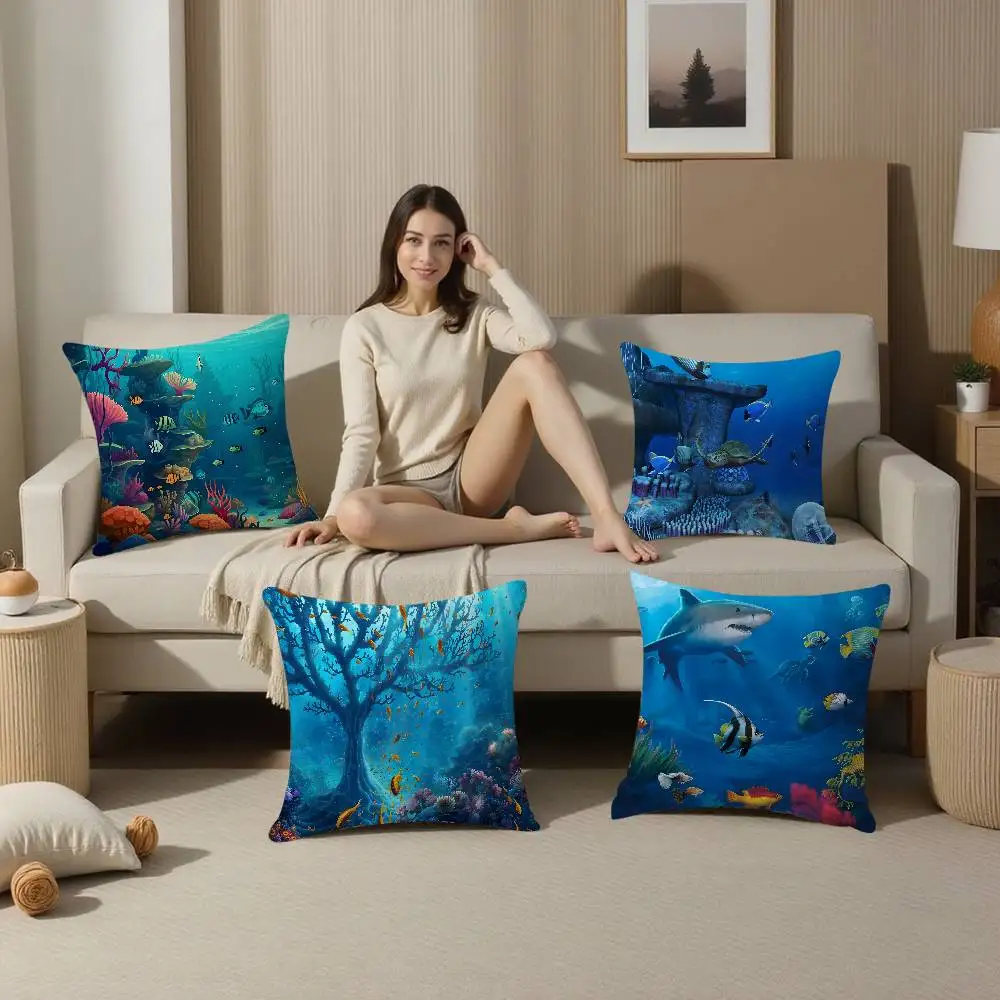 Ocean Animal Underwater World Cushion Cover Car Throw Pillow Case For Sofa Car Christmas Gift 40x40cm 45x45cm
