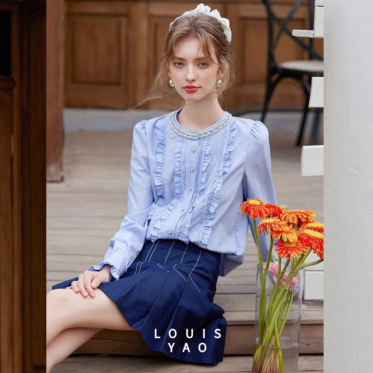 

LOUISYAO Patchwork Flounced Edge Women's Shirt 2025 Spring Beading Single Button Long Sleeve Shirt Round Neck Women Tops