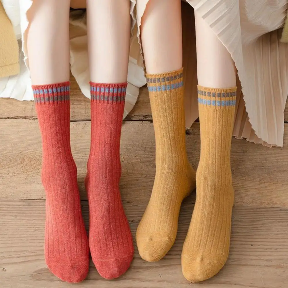 Women Striped Socks Thick Warm Mid-tube Socks  Elastic Socks Anti-slip Odor-free for Fall Winter