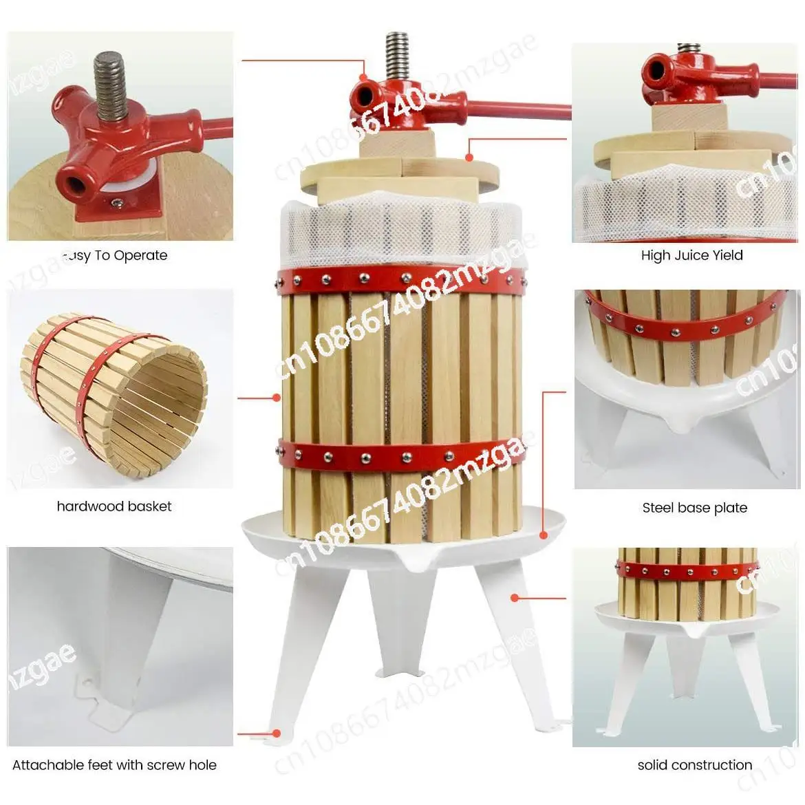 

6 Liter 1.6 Gallon Manual Basket Apple Press - Professional Fruit Wine Grape Pressing Equipment System