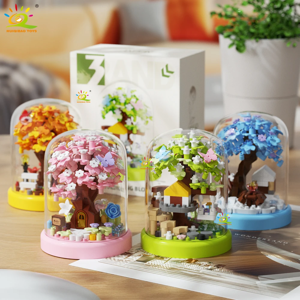Four season Mini Tree House with Display Box Model Micro Building Block Diamond Brick Toy for Children Desk Decor.