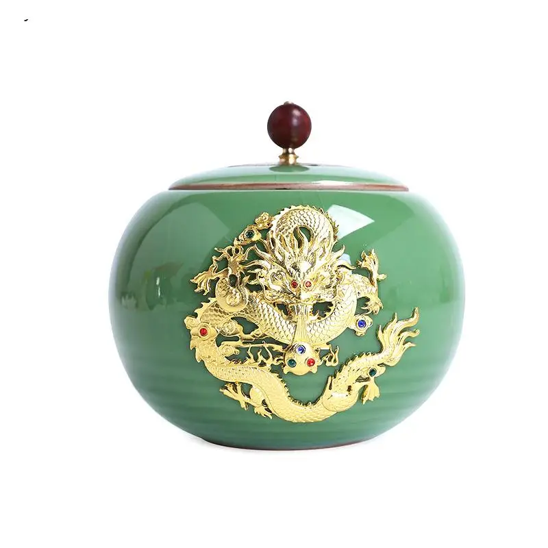 Green Round Ceramic Airtight Jar Handcraft Tea Household 500ML Storage Box/living Room Coffee Table Decoration