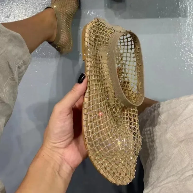 2024 Summer New Women Sandals Luxury Round Toe Flat Bottom Sandals Mesh Cloth Water Diamond Sexy Fashion Flat Bottom Shoes Women