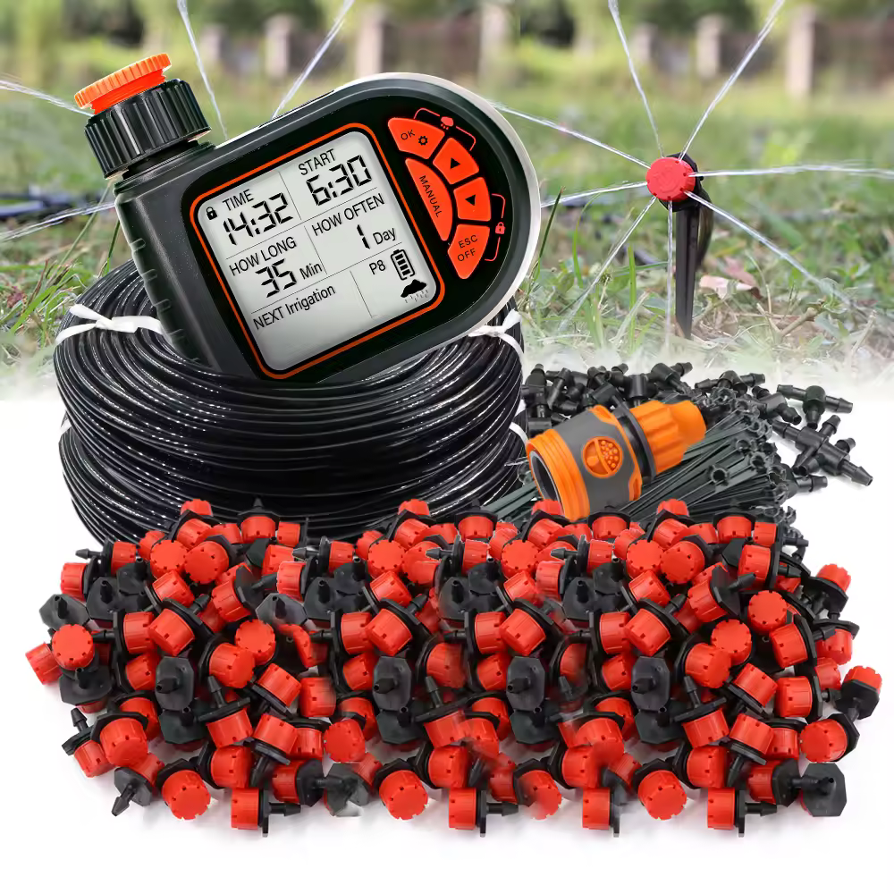 5-50M Garden Rain Sensor Timer Automatic Drip Irrigation System 1/4" Hose 8-Hole Adjustable Dropper Watering Kit for Greenhouse