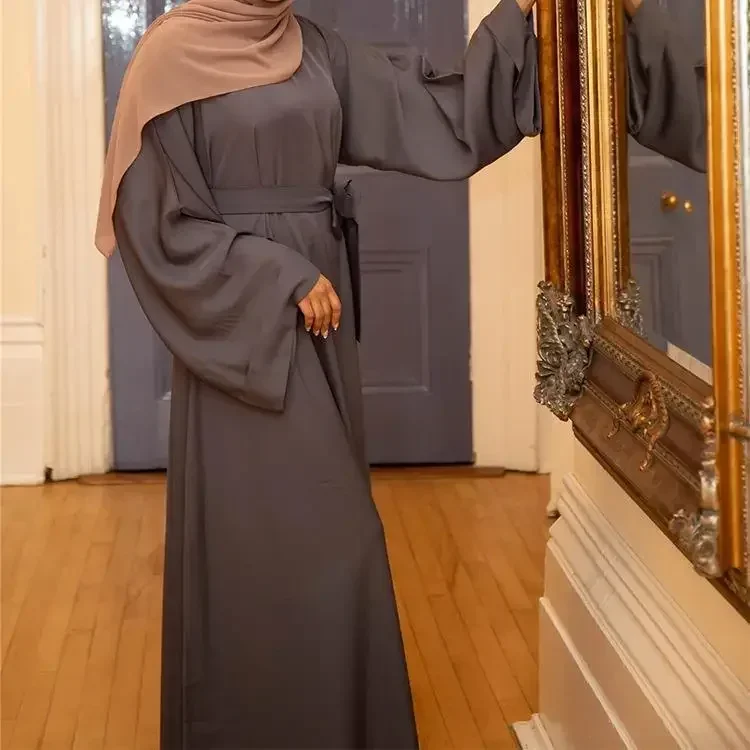 

Satin Abaya Dubai Turkey Muslim Fashion Hijab Dress Plain Closed Belted Abayas for Women African Islam Modest Clothing Kaftan