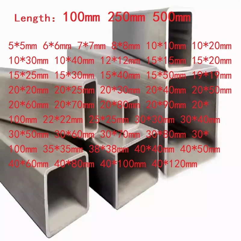 1PC 304 Stainless Steel Square Pipe Tube Length 100 250 500mm Metal Rectangular Tubes Pipes Hollow Rod Small Large 5x5-40x120mm
