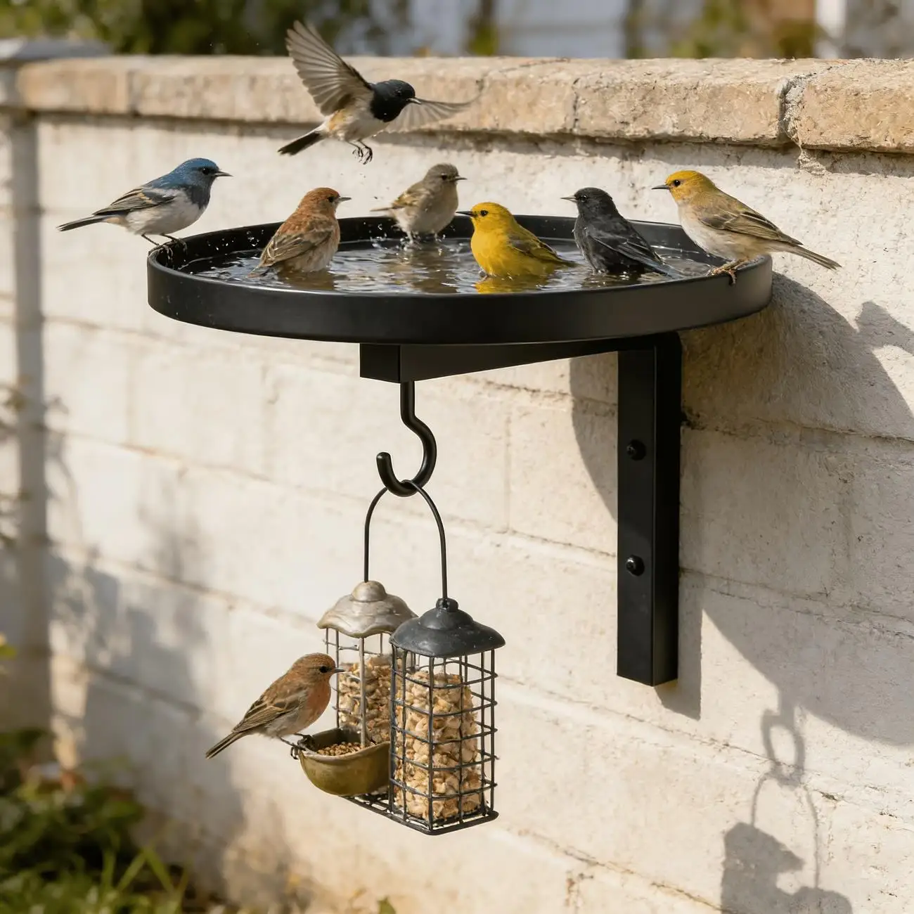 

1pcs Wall-Mounted Metal Bird Bath with Feeder Hook – Durable, Easy Install for Garden, Patio, Fence