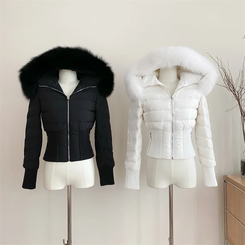 Winter Real Fox Fur Women White Goose Down 2000s Short Jacket Warm Puffer Female Outdoor Thick Cropped Y2k Fashion Parkas 2024